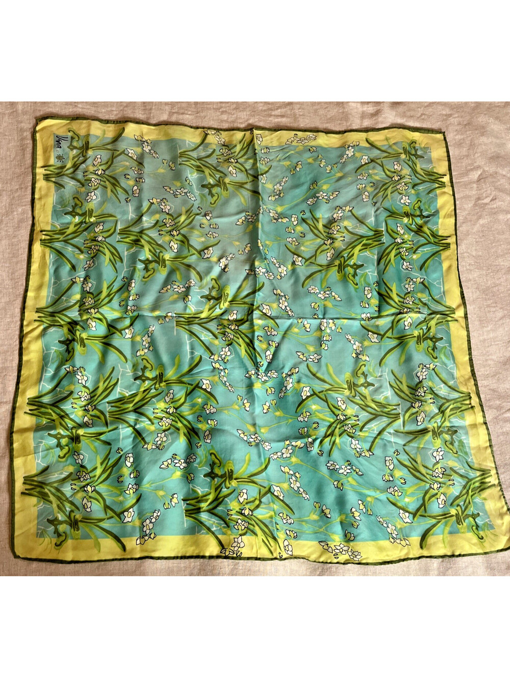 VTG Vera Neumann Ladybug Green and Blue Floral Square Scarf 25" Boho Hair Scarf